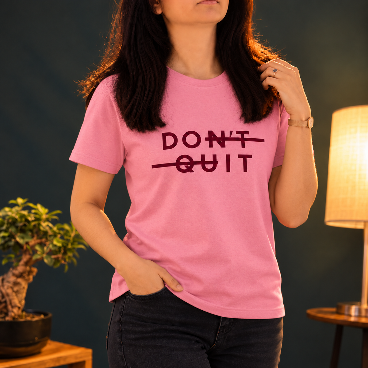 Pink short-sleeve T-shirt with burgundy Don't Quit / Do It lettering