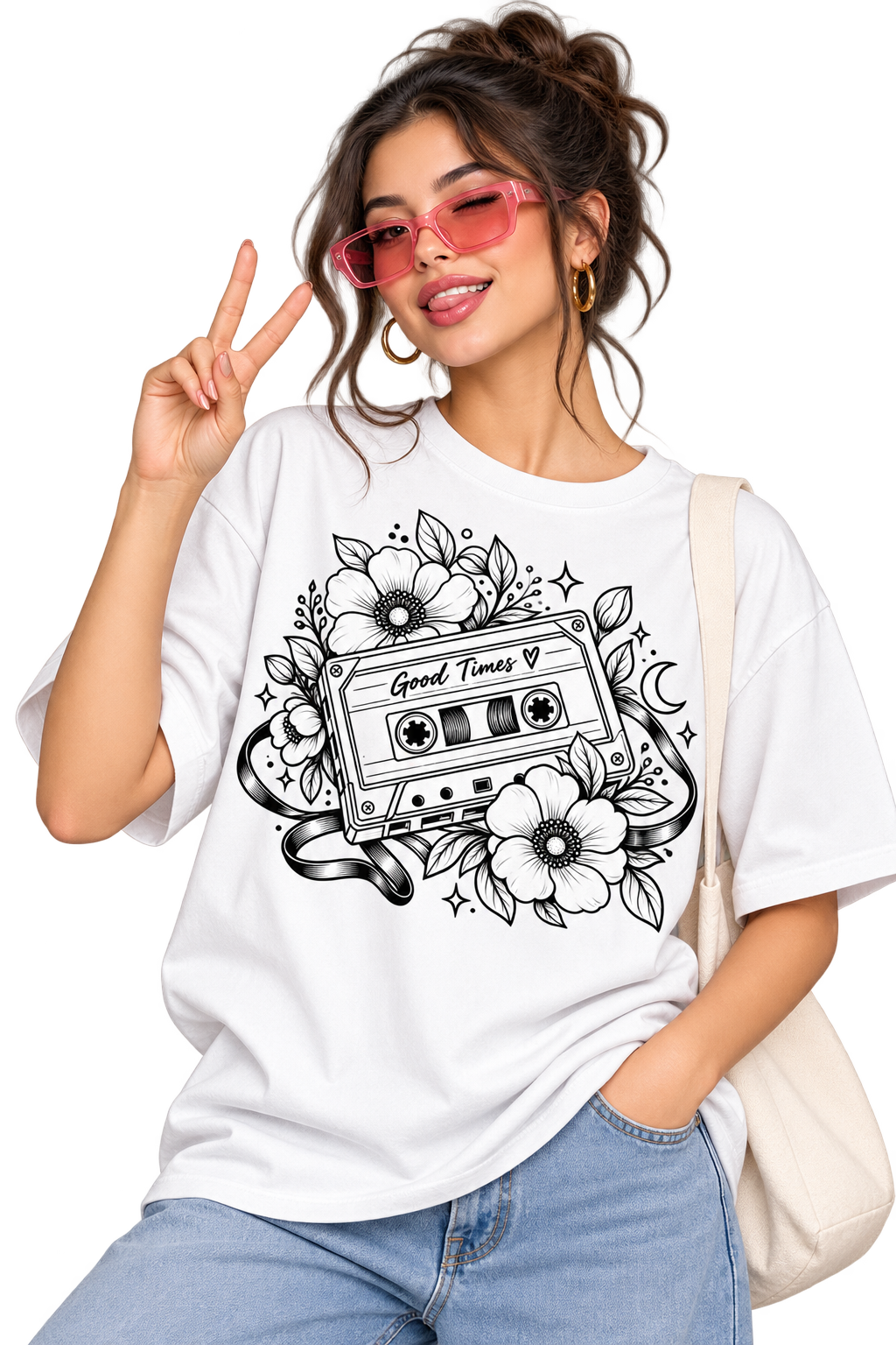 White Good Times Floral Cassette T-Shirt mockup