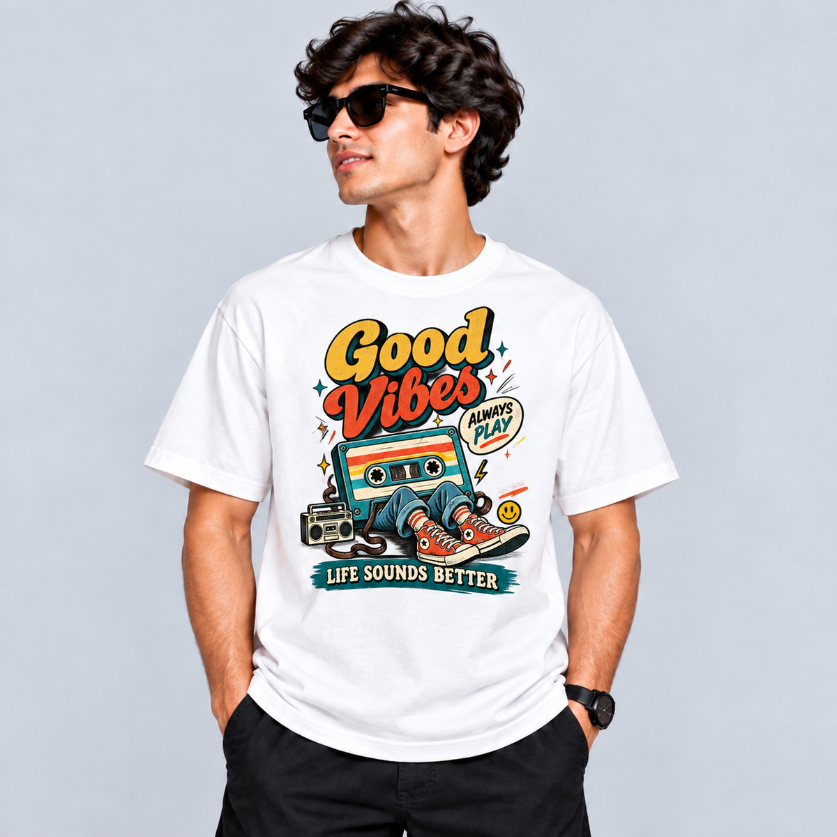 White Good Vibes Life Sounds Better T-Shirt mockup