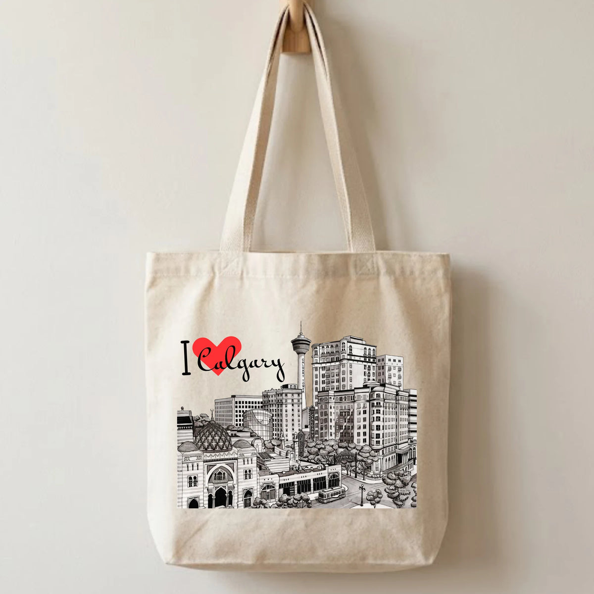 I Love Calgary Cityscape Tote Bag in Natural