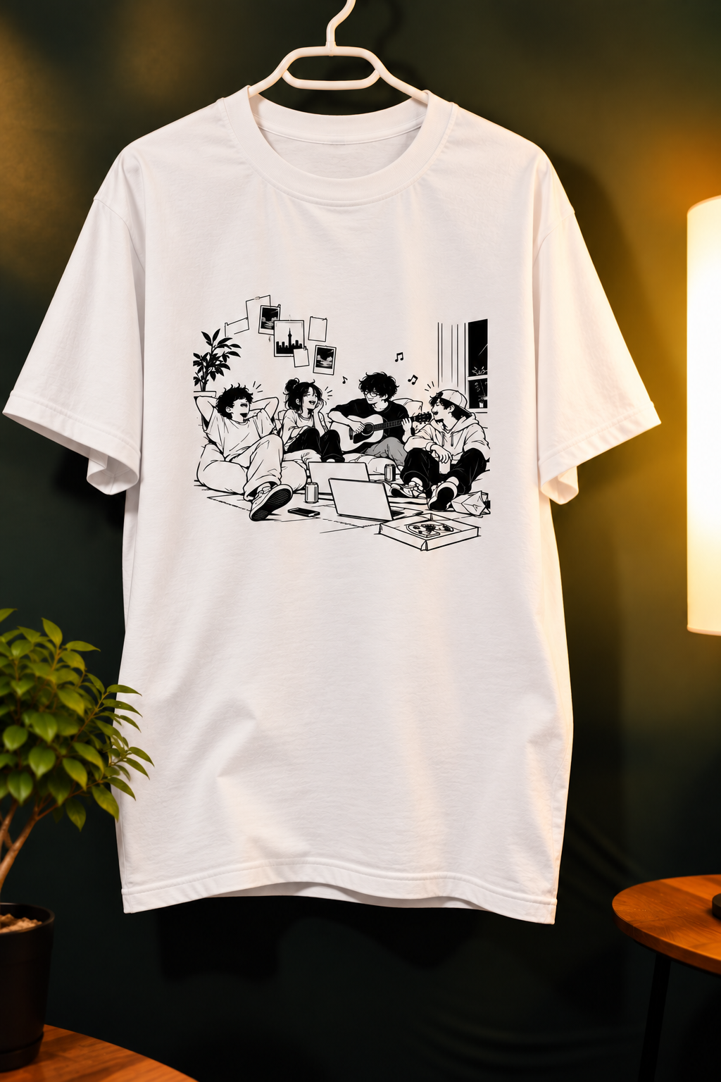White unisex InkPop Acoustic Hangout T-Shirt — Black-and-white illustrated friends hanging out with an acoustic guitar.