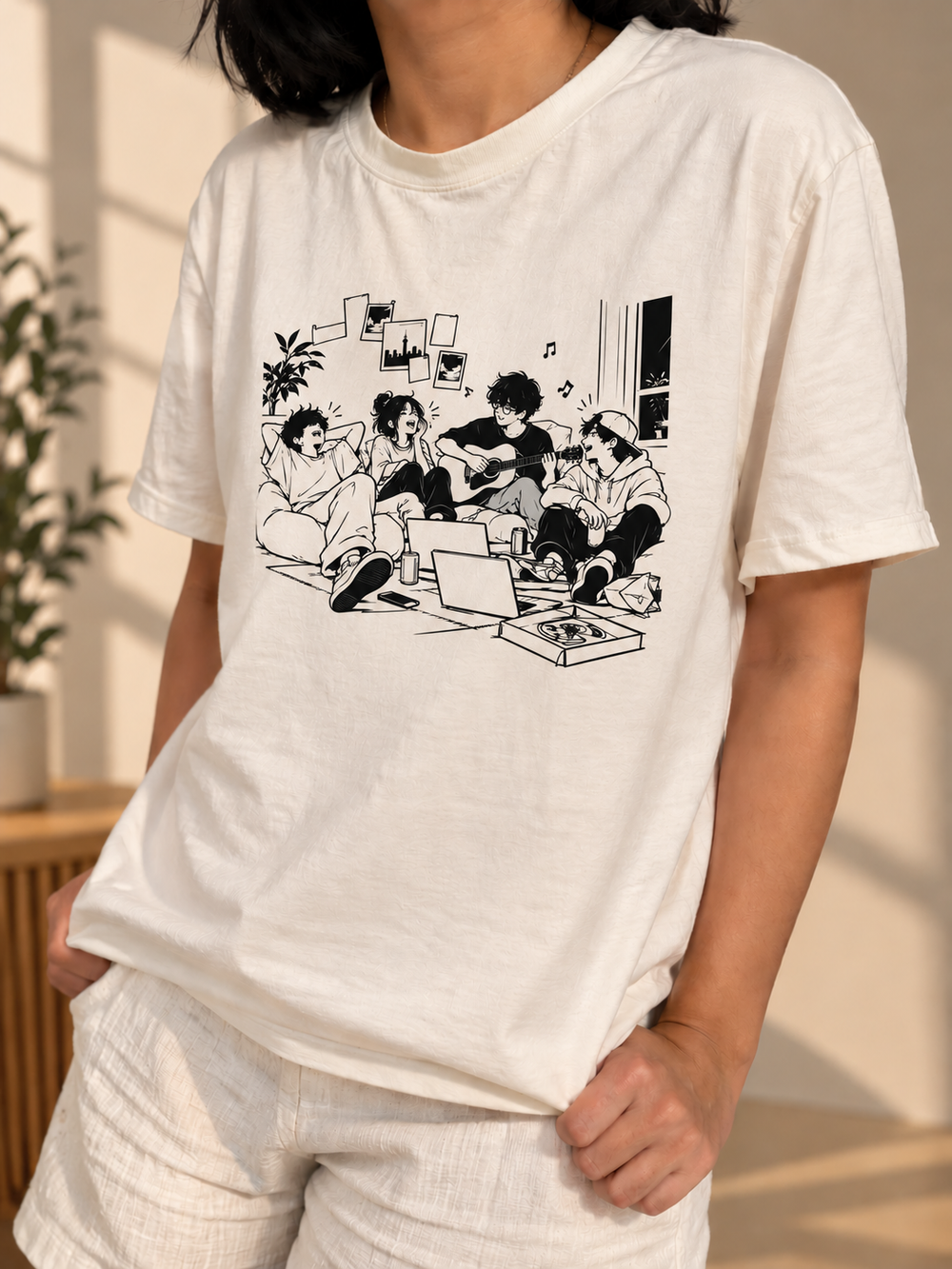 Person wearing the white InkPop Acoustic Hangout graphic tee