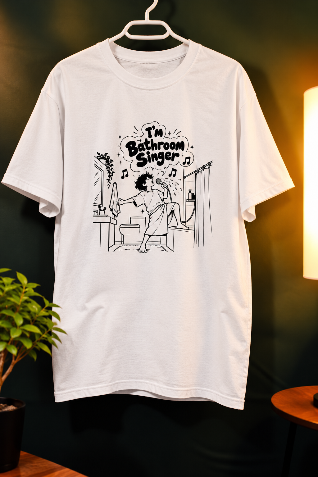 White unisex InkPop Bathroom Singer T-Shirt — Black-and-white bathroom singing illustration with I'm Bathroom Singer lettering.