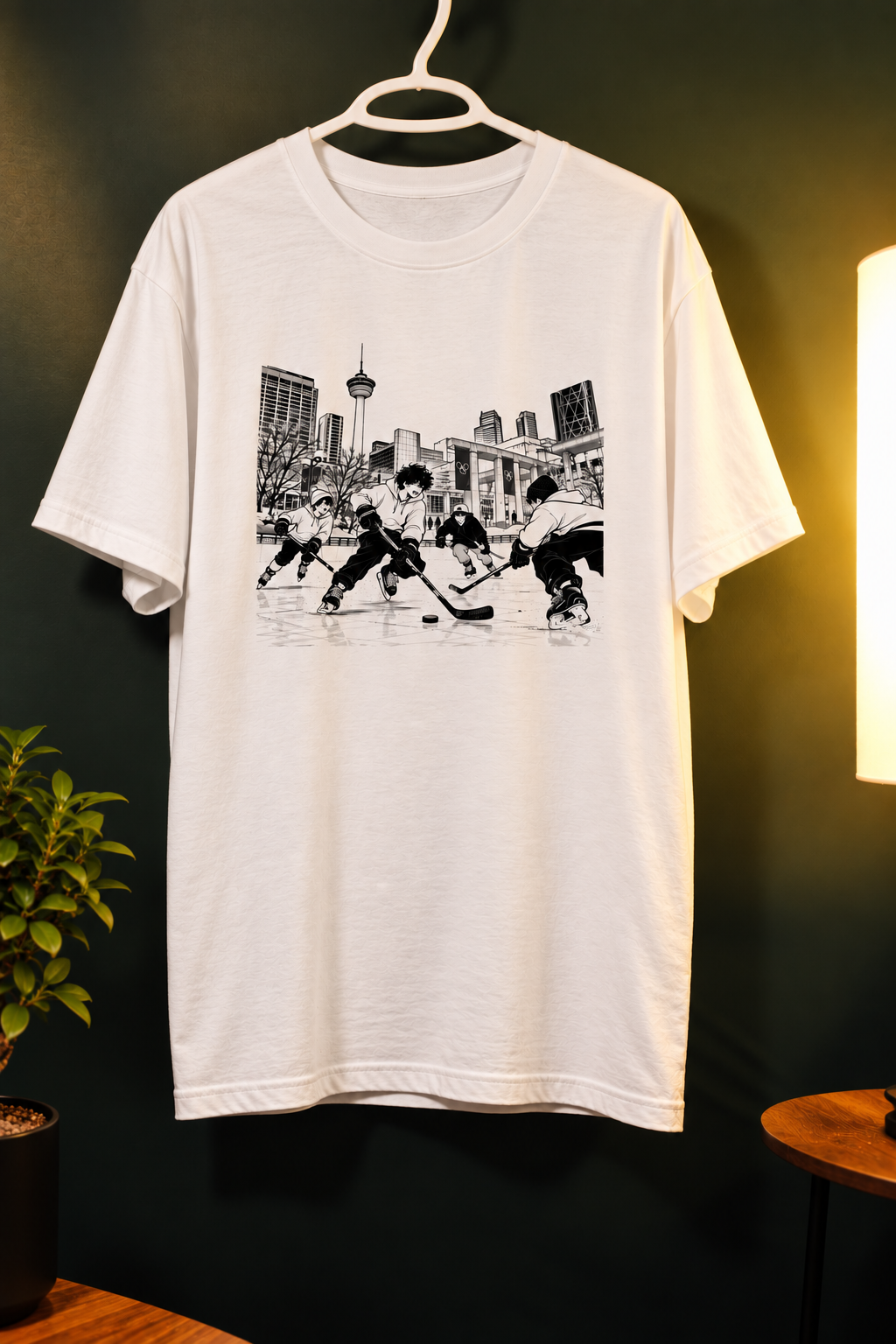 White unisex InkPop Calgary Hockey T-Shirt — Black-and-white hockey scene with a Calgary skyline backdrop.