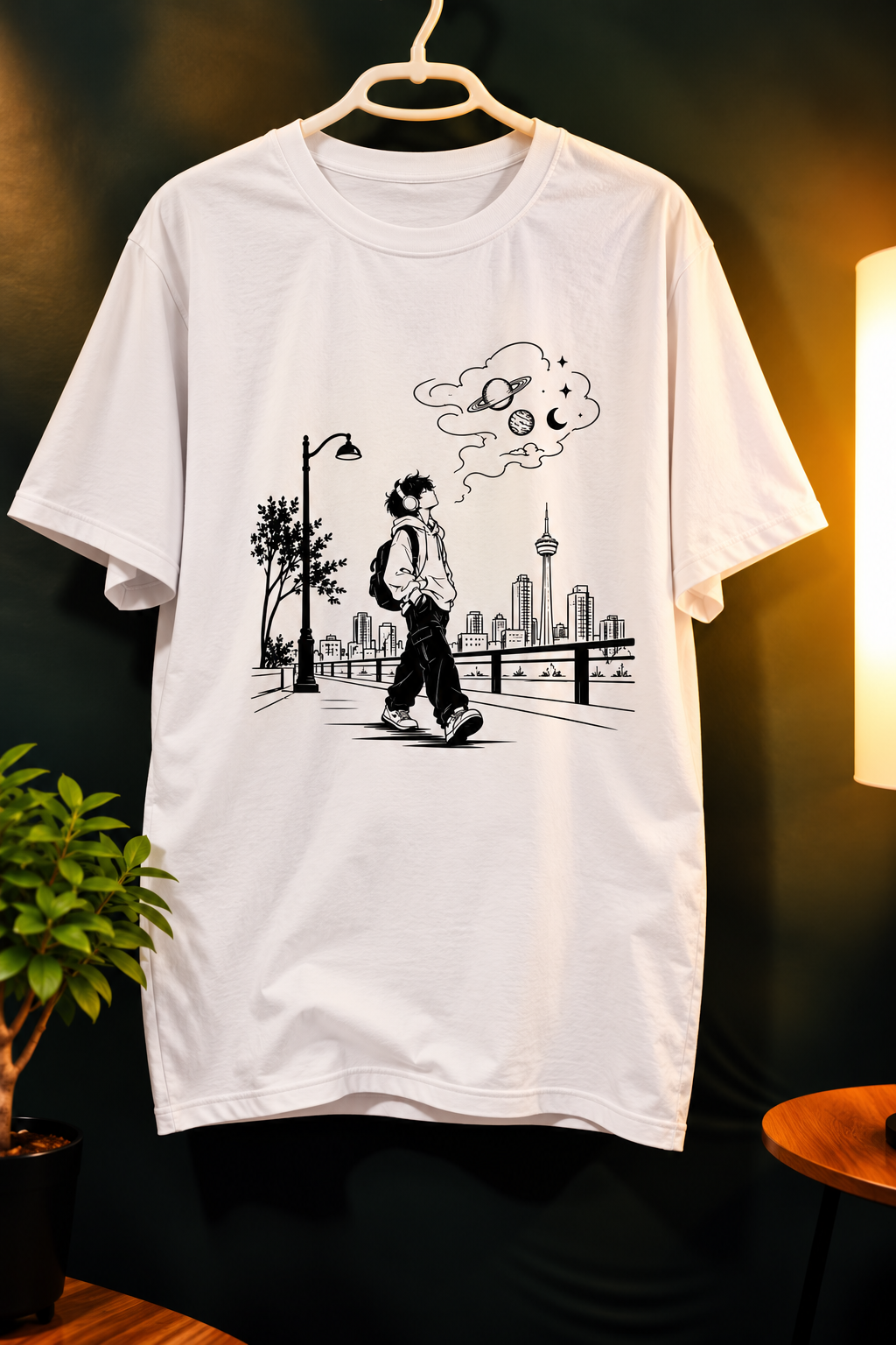 White unisex InkPop City Daydream T-Shirt — Black-and-white city walk illustration with headphones and a space-inspired daydream.