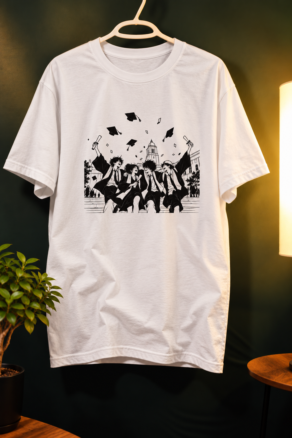 White unisex InkPop Graduation Crew T-Shirt — Black-and-white illustrated friends celebrating graduation and tossing their caps.