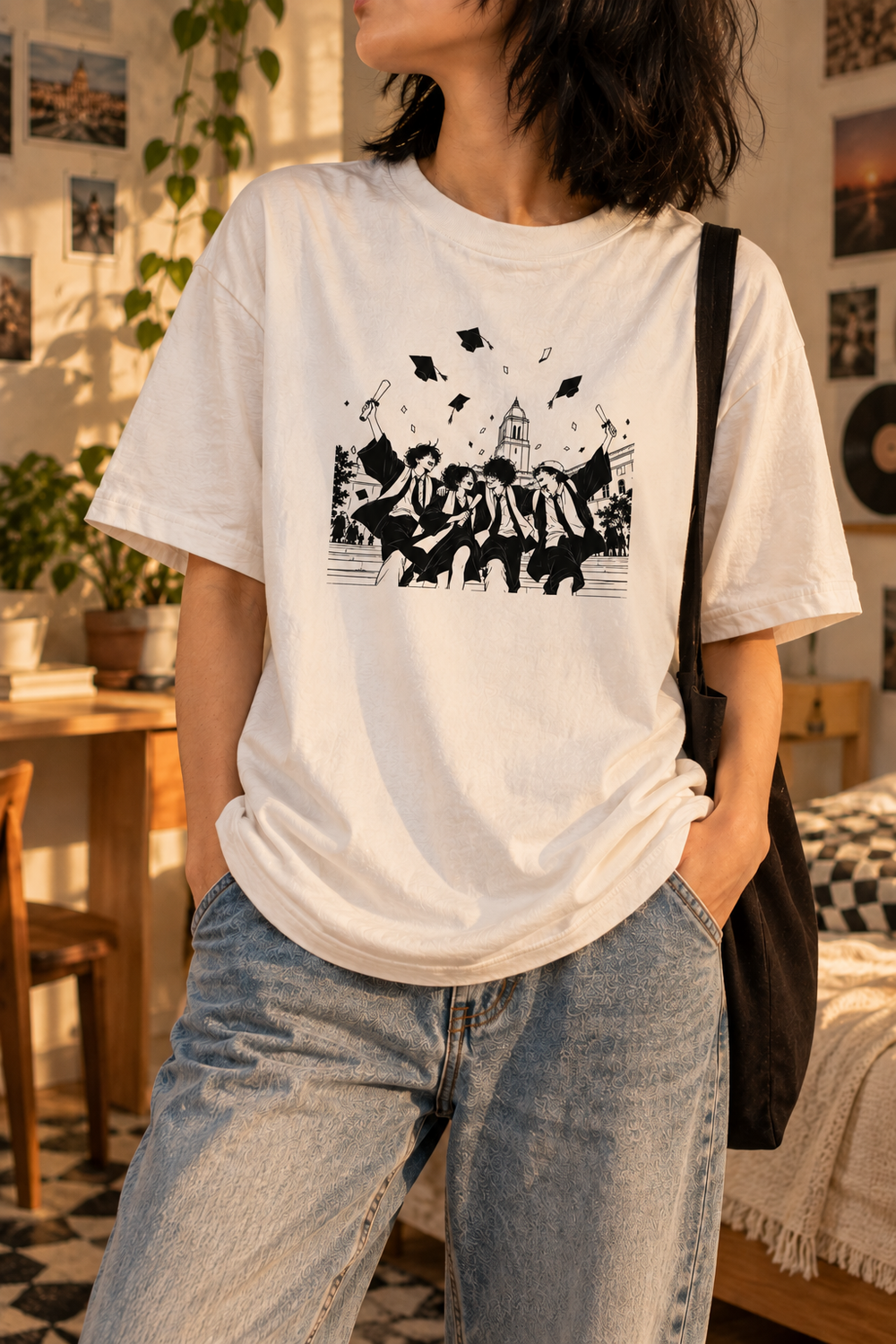 Person wearing the white InkPop Graduation Crew graphic tee