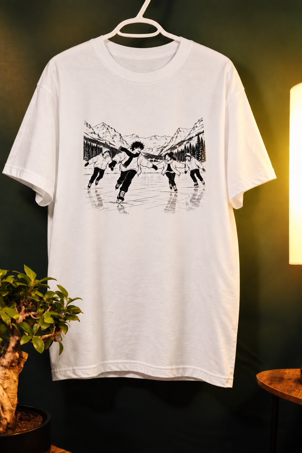 White unisex InkPop Mountain Skate T-Shirt — Black-and-white illustrated friends skating on a mountain lake.