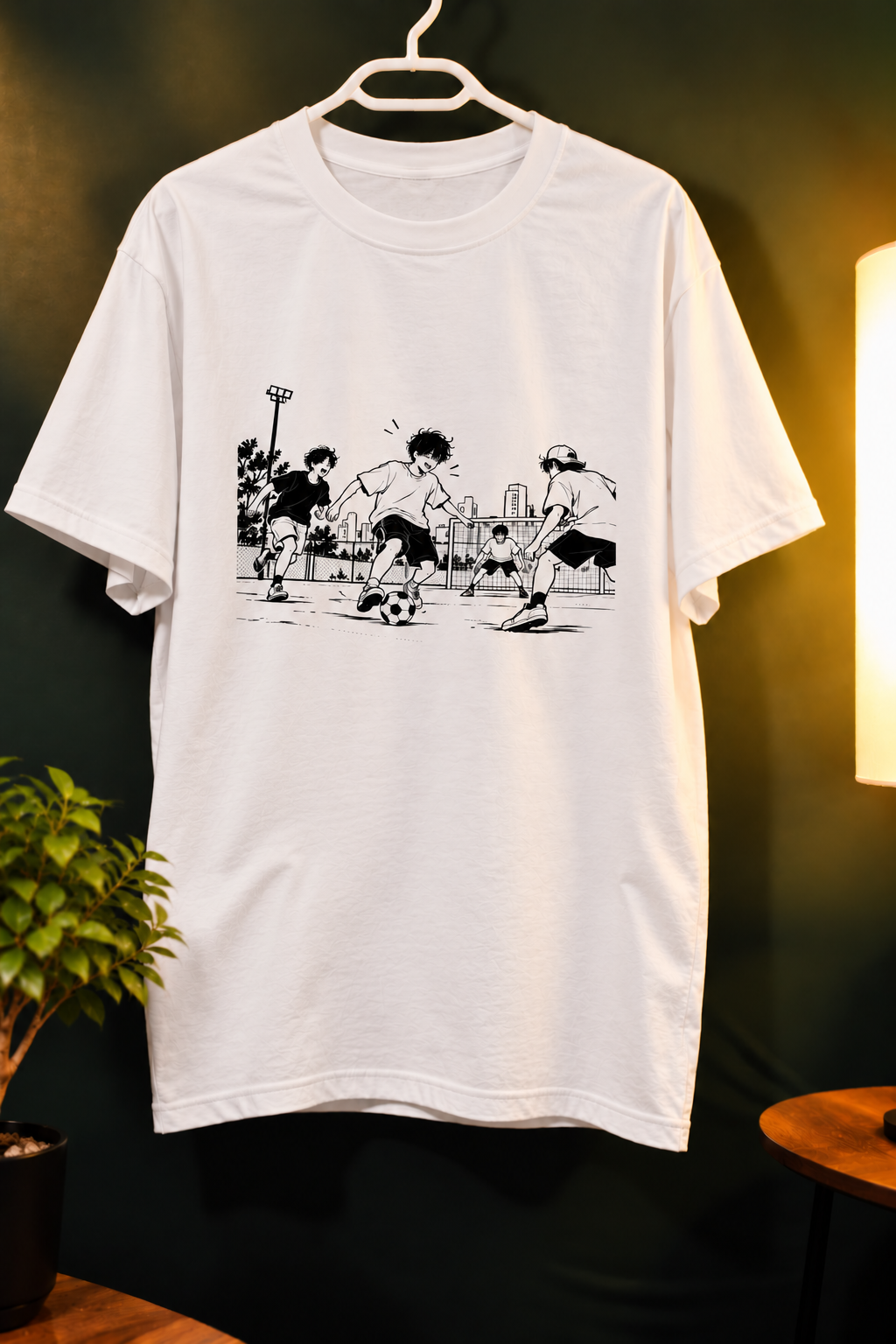 White unisex InkPop Street Football T-Shirt — Black-and-white illustrated friends playing street football.