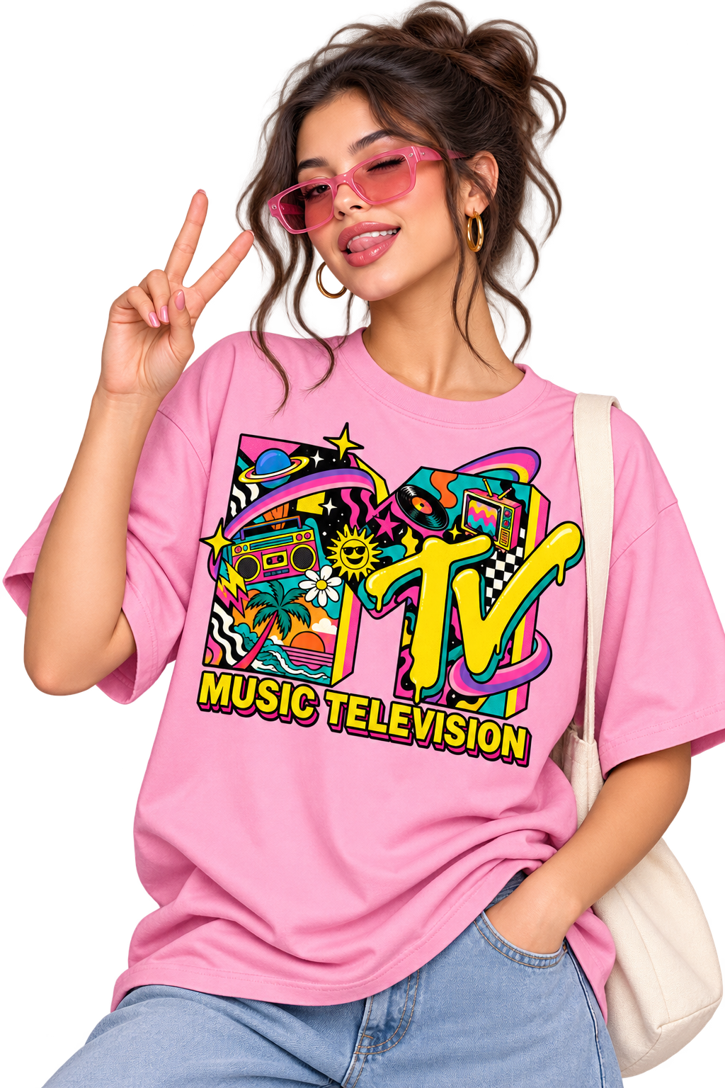 Pink Music Television Retro Graphic T-Shirt mockup