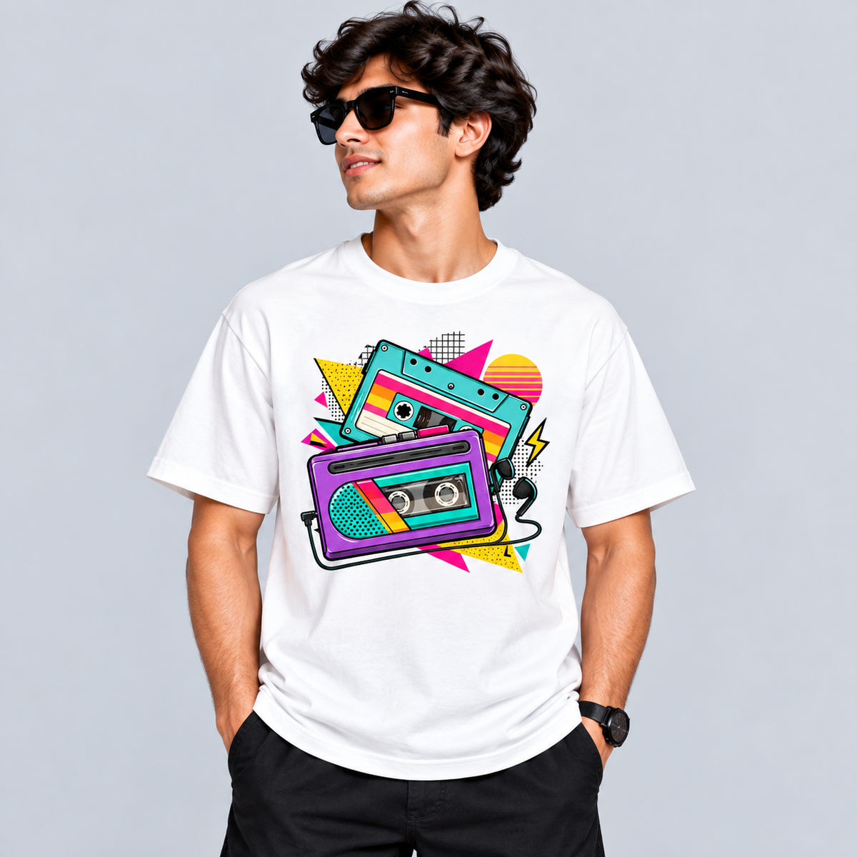 White Neon Cassette Player T-Shirt mockup