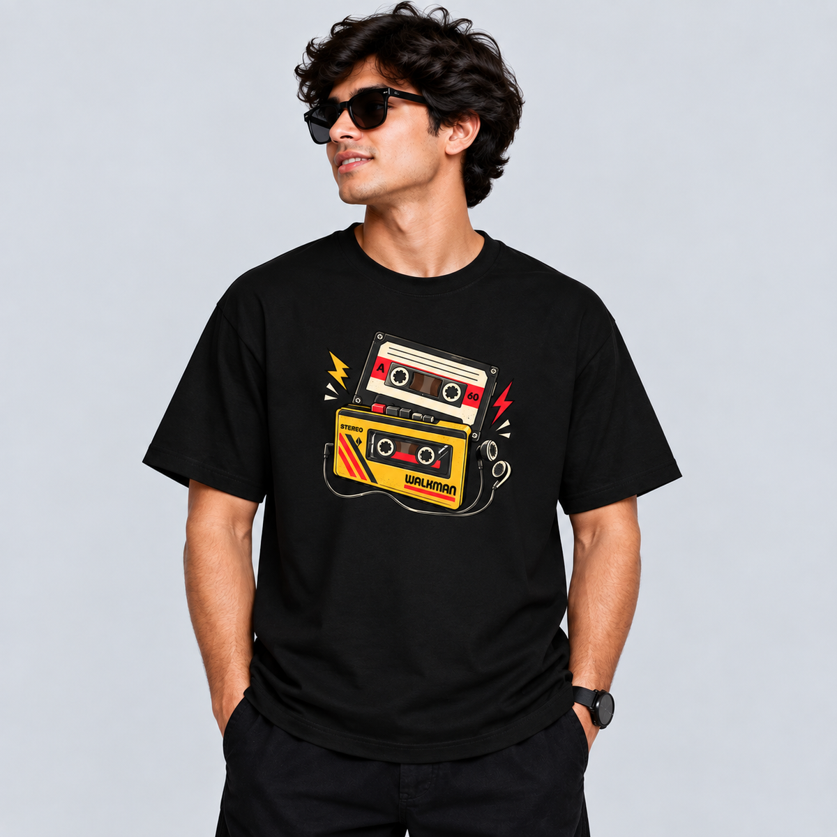 Black Retro Portable Cassette Player T-Shirt mockup