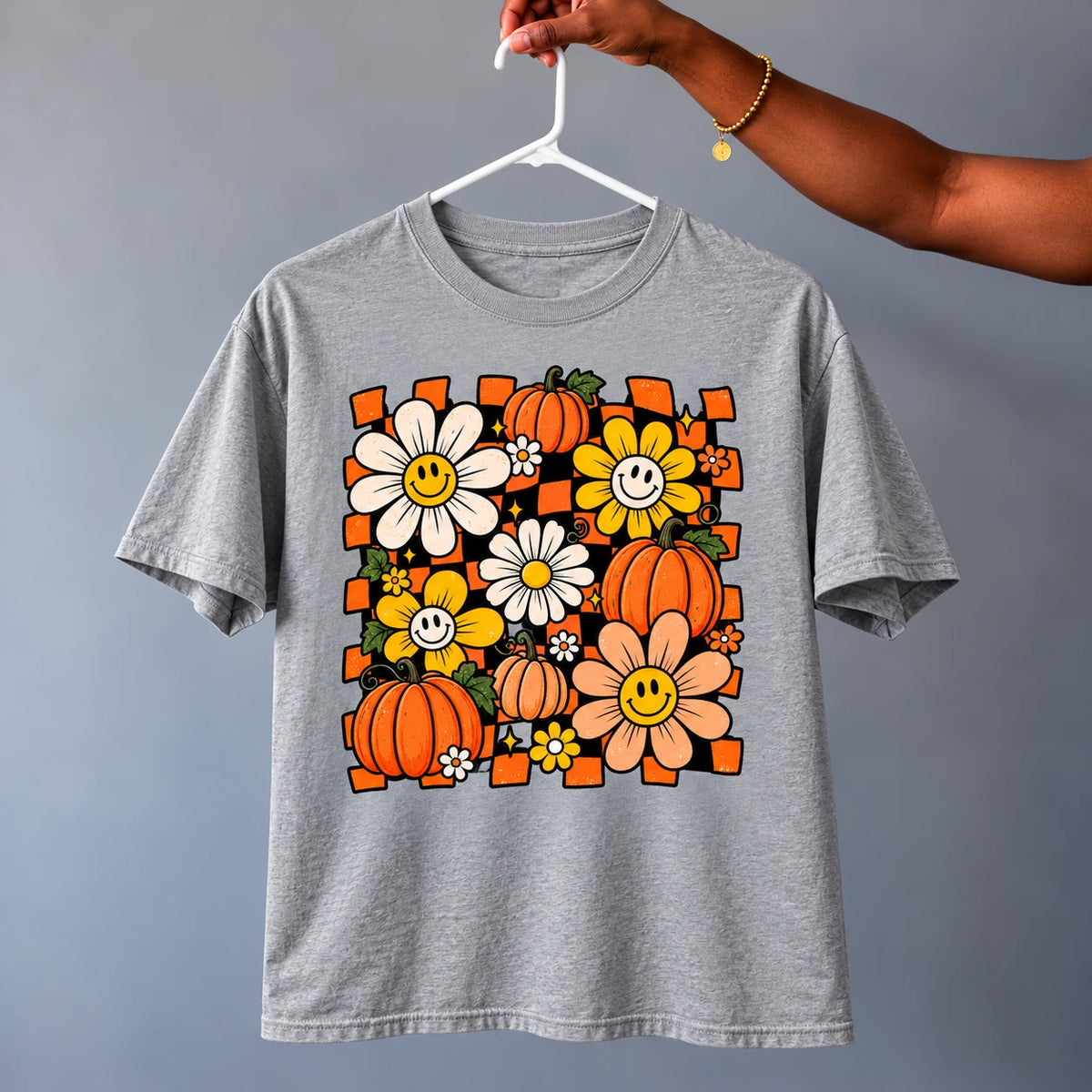 Smiling Flowers & Pumpkins T-Shirt in Heather Grey
